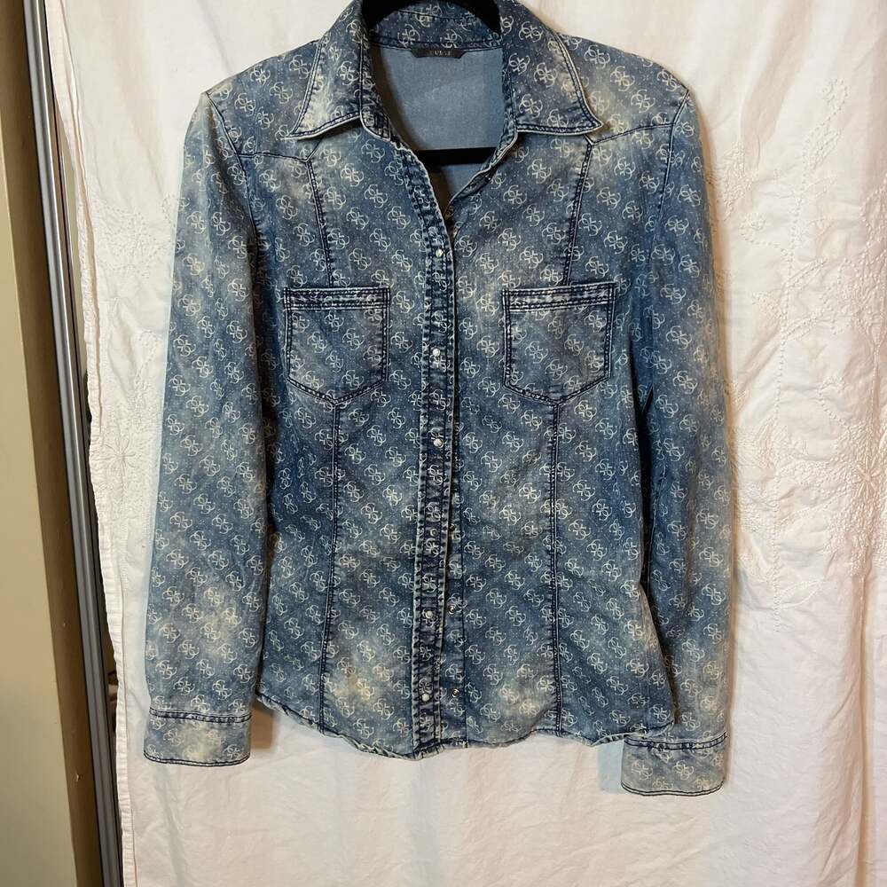 Vintage Guess Jeans Los Angeles All-Over Print Logo Denim Button Up Shirt